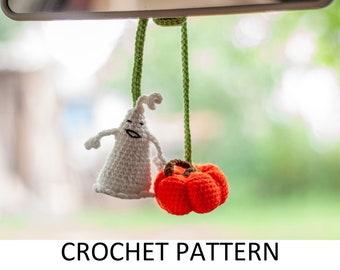 Ghost and Pumpkin Crochet Pattern. Halloween Crochet Car Hanger. Crochet Car Hanging Accessories. Car Rear View Mirror Charm Ornaments