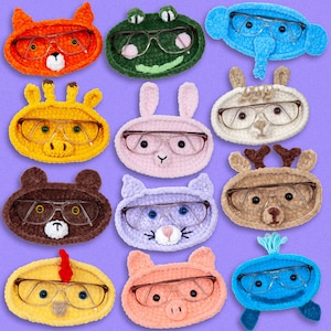 May include: Twelve crocheted animal-shaped eyeglass holders. Each holder features a different animal, including a fox, frog, elephant, llama, reindeer, bear, cat, pig, and a blue creature. The holders are all made with soft yarn and have a cute and whimsical design.