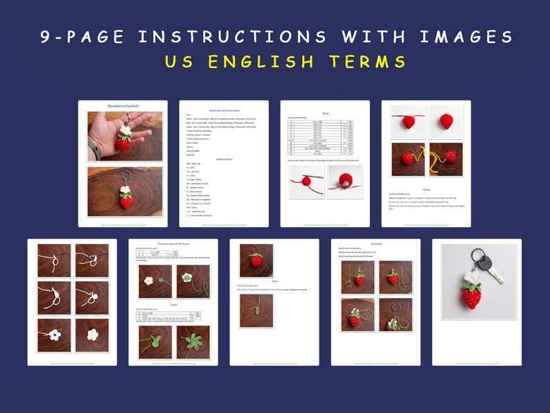 Puede incluir: Un patr&oacute;n de ganchillo de nueve p&aacute;ginas con im&aacute;genes para hacer un llavero de fresa. El patr&oacute;n utiliza t&eacute;rminos en ingl&eacute;s americano.