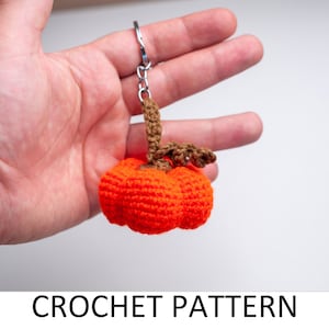 May include: A crocheted orange pumpkin keyring with a brown stem and leaves. The keyring is attached to a silver key ring.
