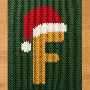 Op de afbeelding: Een rechthoekig gebreid stuk in donkergroen met een grote, gele, blokvormige letter F in het midden. De letter is bedekt met een rood-witte gebreide kerstmuts, compleet met een witte pompon die aan de zijkant hangt.