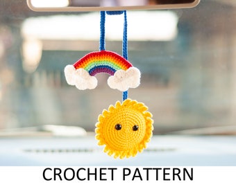 Rainbow and Sun Crochet Pattern. Crochet Car Hanger. Crochet Car Hanging Accessories. Car Rear View Mirror Charm. Space Ornaments