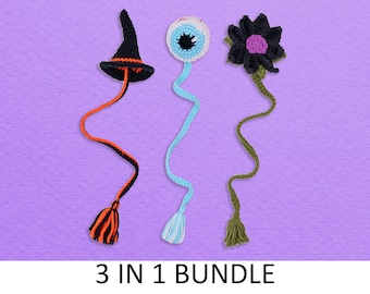 Bookmark Crochet Patterns Bundle. Witch Hat Pattern, Eyeball Pattern, Black Pattern Flower. Halloween Bookmark Pattern. Gothic Bookmark