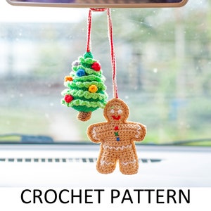 Christmas Tree and Gingerbread Car Charm Pattern PDF. Rear View Mirror Ornament Amigurumi Hanging Xmas Crochet Accessory. Winter Decoration