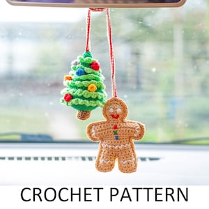 May include: Crochet pattern for a gingerbread man and a Christmas tree ornament. The gingerbread man is brown with white icing details and the Christmas tree is green with red and yellow baubles.