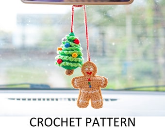 Puede incluir: Patrón de crochet para un hombre de jengibre y un adorno de árbol de Navidad. El hombre de jengibre es marrón con detalles de glaseado blanco y el árbol de Navidad es verde con adornos rojos y amarillos.