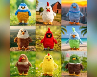 May include: Nine handmade crochet bird figurines in various colours. The collection includes a blue and yellow bird, a red cardinal, and a green duck. These soft sculptures are suitable for home decor or as children's toys. Each bird has a unique design.