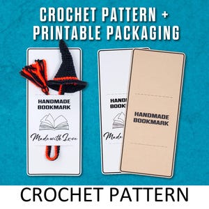 May include: Printable packaging template for a handmade crochet witch hat bookmark. The template includes the text "Handmade Bookmark" and "Made with Love".