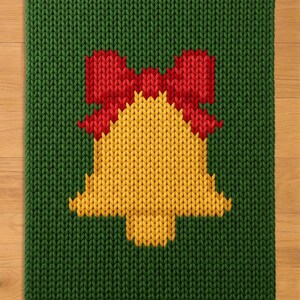 May include: A rectangular green knitted blanket featuring a central yellow bell design topped with a red bow. The knit pattern is consistent throughout, with the bell and bow motifs integrated directly into the green background texture.