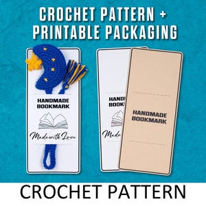 Crescent Moon Bookmark Crochet Pattern with Printable Packaging. Space Bookmark Pattern. Reader Gift. Bookmark Sleeve. Book Accessories.