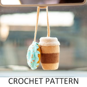 Coffee Cup and Donut Crochet Charm Pattern PDF. Cute Car Accessories Interior Rear View Mirror Ornaments Car Hanging Accessories For Women