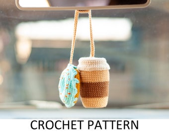 Coffee Cup and Donut Crochet Charm Pattern PDF. Cute Car Accessories Interior Rear View Mirror Ornaments Car Hanging Accessories For Women