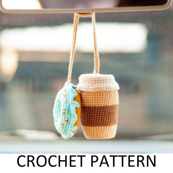 Coffee Cup and Donut Crochet Charm Pattern PDF. Cute Car Accessories Interior Rear View Mirror Ornaments Car Hanging Accessories For Women