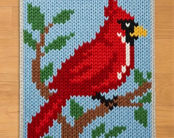Cardinal on a Branch Finger Knitting Pattern. Animal Chunky Knit Blanket Pattern.