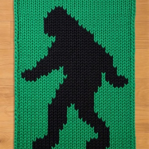 Könnte beinhalten: Ein gestrickter grüner und schwarzer Teppich mit einer Silhouette von Bigfoot. Die Bigfoot-Figur ist schwarz und hebt sich vom grünen Hintergrund ab. Der Teppich ist rechteckig mit einem dicken, gestrickten Rand.