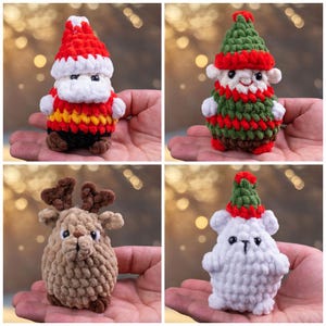 Puede incluir: Cuatro juguetes de peluche tejidos a crochet: un Papá Noel, un elfo, un reno y un oso polar. Cada juguete está hecho con un hilo suave y peludo y tiene un diseño festivo.