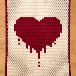 May include: A knitted rectangular rug with a cream-colored background and a large, pixelated red heart design. The heart has a dripping effect at the bottom. The rug is trimmed with a red border.