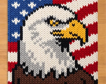Bald Eagle Portrait Finger Knitting Pattern. USA Flag Chunky Knit Blanket Pattern