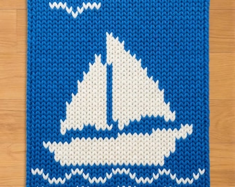 Sailboat Finger Knitting Pattern. Chunky Knit Blanket Pattern.