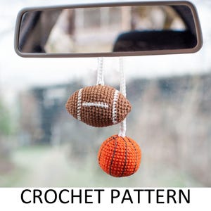 Fußball und Basketball Häkelanleitung. Gehäkelte Auto Hanger. Häkeln Sie Auto-hängendes Zubehör. Auto Rückspiegel Charm Anhänger. Sport Ornamente