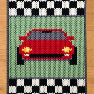 Sports Car Finger Knitting Pattern. Chunky Knit Blanket Pattern. Red Car Chunky Blanket Pattern