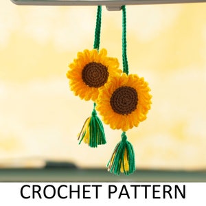 Sunflower Crochet Pattern. Crochet Car Hanger. Crochet Car Hanging Accessories. Car Rear View Mirror Charm Floral Ornaments