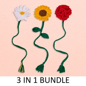 Lesezeichen-Häkelanleitungen-Bundle. Gänseblümchen Lesezeichen Muster, Sonnenblume Lesezeichen Muster, Nelke Lesezeichen Muster. Blumen Lesezeichen Muster