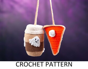 Coffee Cup and Pumpkin Pie Crochet Pattern. Halloween Crochet Car Hanger. Crochet Car Hanging Accessories. Rear View Mirror Charm Ornaments