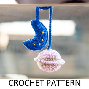 Moon and Saturn Crochet Charm Pattern PDF. Cute Car Accessories Interior Rear View Mirror Ornament Car Hanging Accessories For Women or Girl