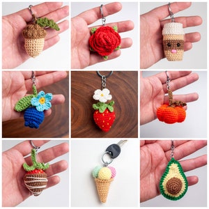May include: Nine crocheted keychain charms, each featuring a different design: an acorn, a rose, a coffee cup, a blueberry, a strawberry, a pumpkin, a chocolate-covered strawberry, an ice cream cone, and an avocado.