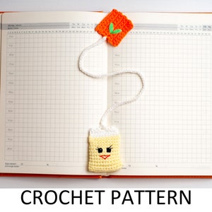 Tea Bag Crochet Bookmark Pattern PDF. Easy Beginner Crochet Tutorial Cute Amigurumi Craft Gift For Kids, Book Lovers, Readers. Orange Yellow