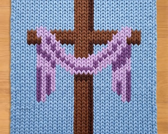 Cross with Purple Cloth Finger Knitting Pattern. Chunky Knit Blanket Pattern. Chunky Blanket Pattern