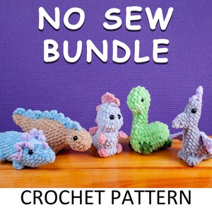 Dinosaur No Sew Crochet Patterns. Tyrannosaurus Pattern, Brontosaurus Pattern, Stegosaurus Pattern, Triceratops Pattern, Pterodactyl Pattern