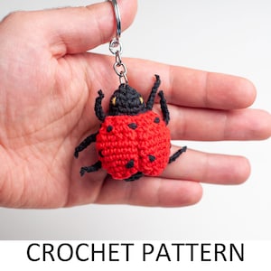 May include: A crocheted ladybug keychain with black legs and antennae, red body with black spots, and yellow eyes. The ladybug is attached to a silver key ring.