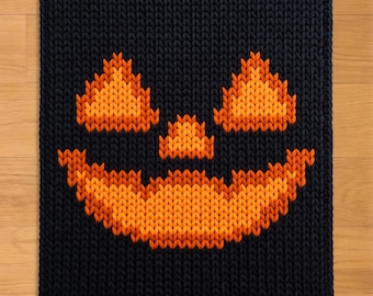 Jack O Lantern Face Finger Knitting Pattern. Chunky Chenille Yarn Knit Blanket Pattern. Halloween Pumpkin