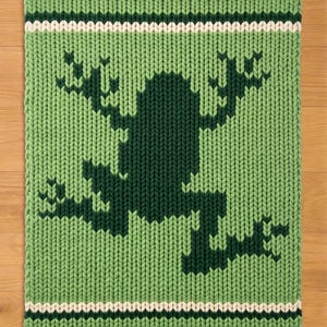May include: A knitted green frog-themed rug. The rug features a dark green frog silhouette on a lighter green background. White and dark green stripes border the top and bottom.