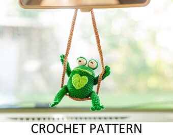 Frog on a Swing Crochet Pattern. Cute Crochet Car Hanger. Crochet Car Hanging Accessories. Car Rear View Mirror Charm. Animal Ornaments