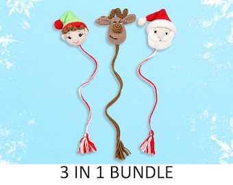 May include: A set of three crocheted Christmas bookmark ornaments. The ornaments are shaped like an elf, a reindeer, and Santa Claus. Each ornament has a red and white tassel.