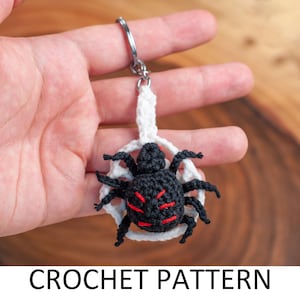 May include: A crocheted black spider with red accents hanging from a white crocheted web. The spider is attached to a silver key chain.