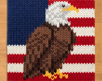 Patriotic Bald Eagle Finger Knitting Pattern. USA Flag Chunky Knit Blanket Pattern
