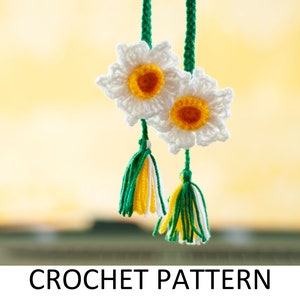 Daffodil Flower Crochet Pattern. Crochet Car Hanger. Crochet Car Hanging Accessories. Car Rear View Mirror Charm Floral Ornaments