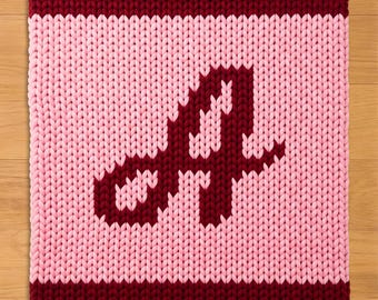 Initial Script Letter A Finger Knitting Pattern. Chunky Knit Blanket Pattern. Monogram Capital Letter Chunky Blanket Pattern