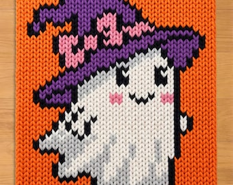 Ghost Girl in Witch Hat Finger Knitting Pattern. Halloween Chunky Knit Blanket Pattern