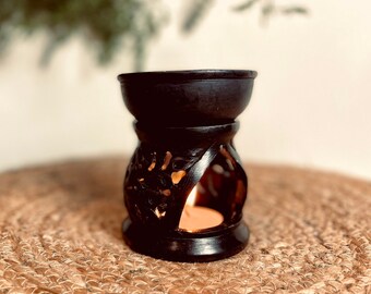 Aroma Burner, Oil Fragrance, Essential Oil Warmer, Handcrafted Jali Dark Soapstone, Oil Diffuser, Home Décor, Tealight Lamp Burner