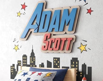 Custom Wood Name Sign, Superhero Font, Nursery Decor, Personalized Baby Name, Kids Room Art