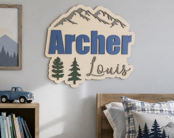 Mountain Forest Nursery Name Sign, Woodland Adventure Baby Room Decor