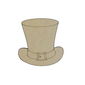 May include: A brown wooden cutout of a top hat with a black belt and buckle. The hat is a traditional Irish leprechaun hat.