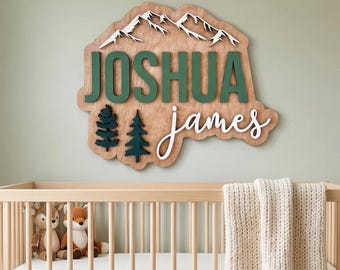 Mountain Forest Nursery Name Sign, Woodland Adventure Baby Room Decor
