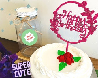 Floral Cake Topper, Cupcake Topper, Happy Birthday Topper, Acrylic, Birthday Cake Ideas, Birthday Party Supplies, Birthday Decor, Kids Party