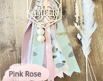 Pink Rose Bag Tassel | Boho Bag Tassel | Fall Bag Tassel | Bogg Bag | Fabric Bag Tassel | Bag Tassel Monogram